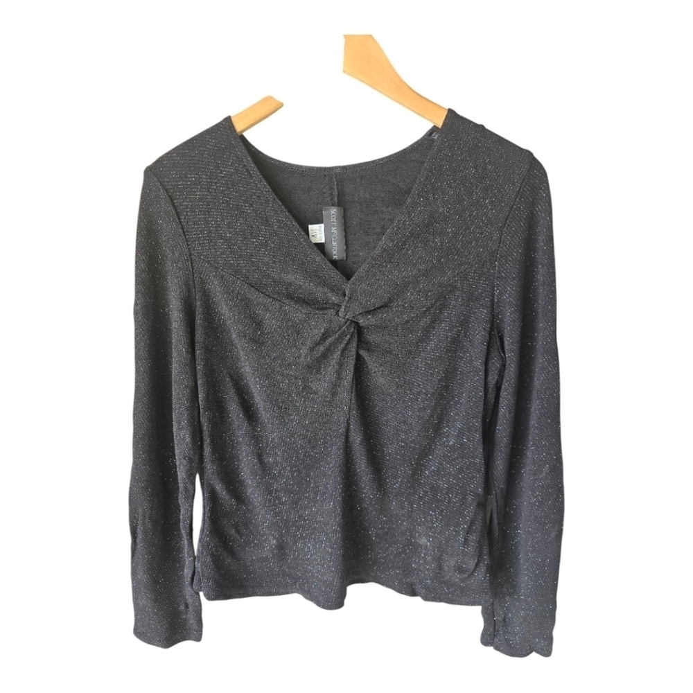 VTG Scott Mcclintock Metallic Blouse Women 14W Black Twist Front Long Sleeves